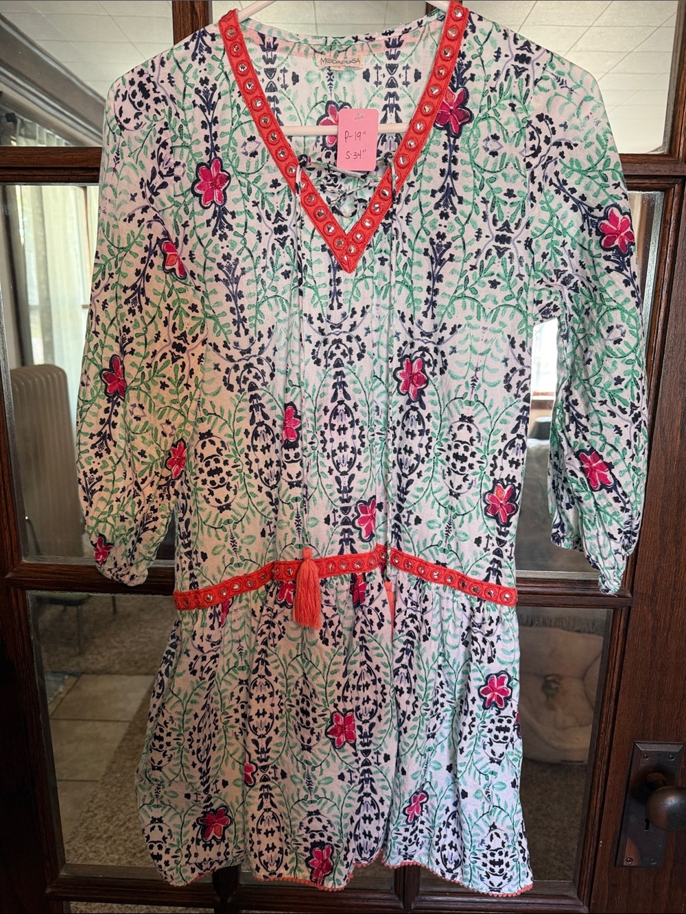 Modaposa Women Floral Cotton Tunic Dress Orange Mirror Tassel Boho Med Vacation
